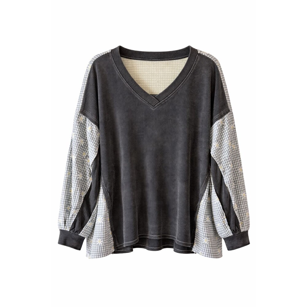 Oli & Hali Large Mixed Fabric Thermal Top Boho Patchwork V Neck